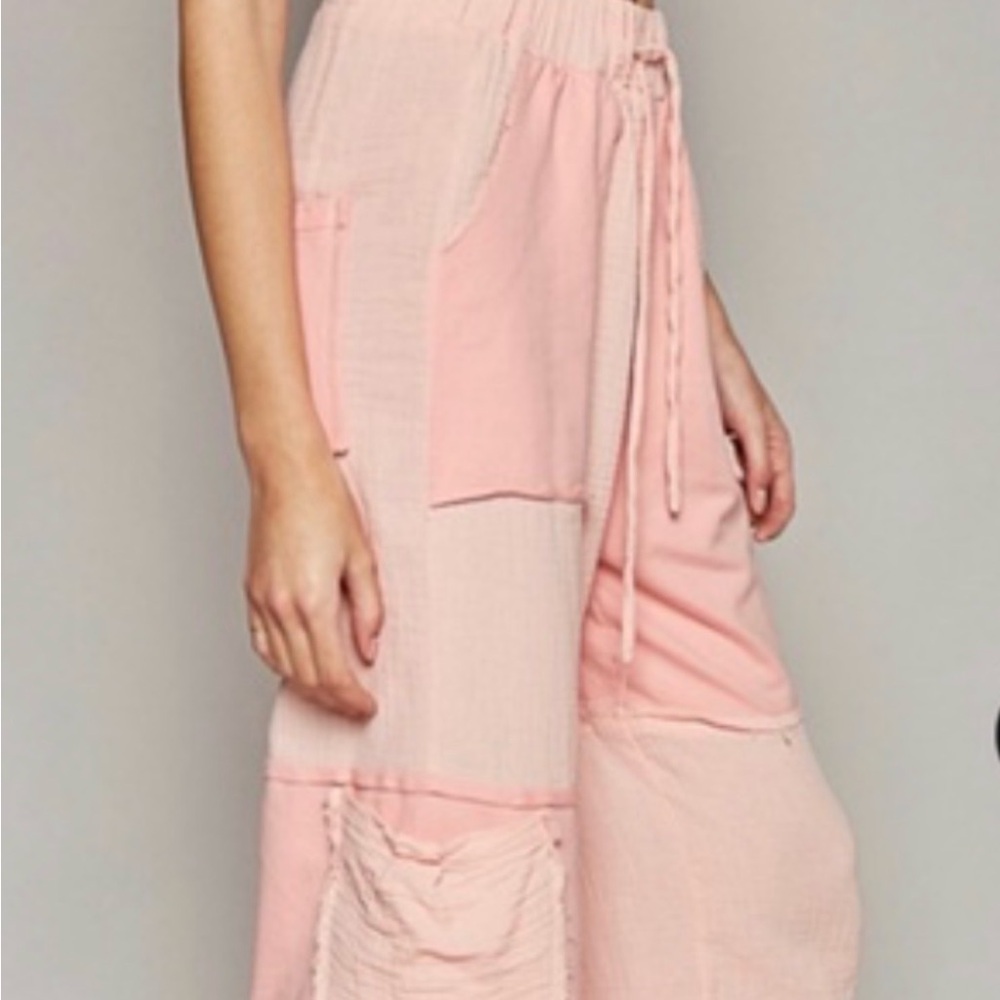 POL Pink color block cotton French terry gauze distressed drawstring joggers NEW - Picture 2 of 16